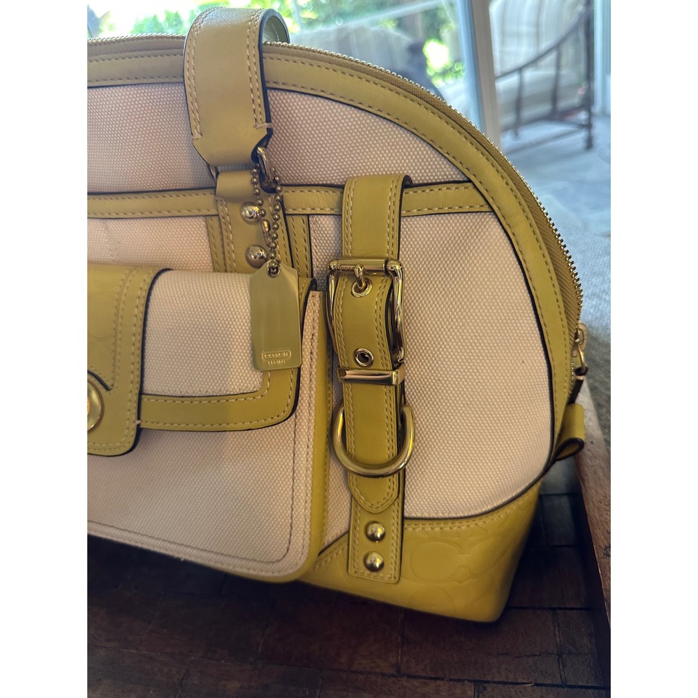 Coach Hampton Miranda 11954 Canvas Leather Satchel Ivory Lime Green Handbag EUC - Picture 3 of 16